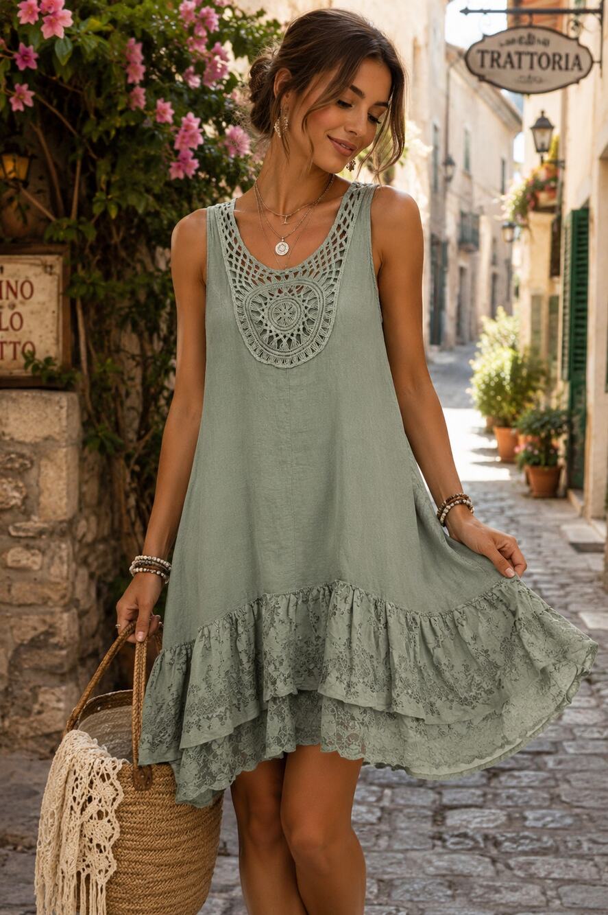 Cristina Vergani Italy Sage Green Linen Blend Lace Boho Tunic Dress Small